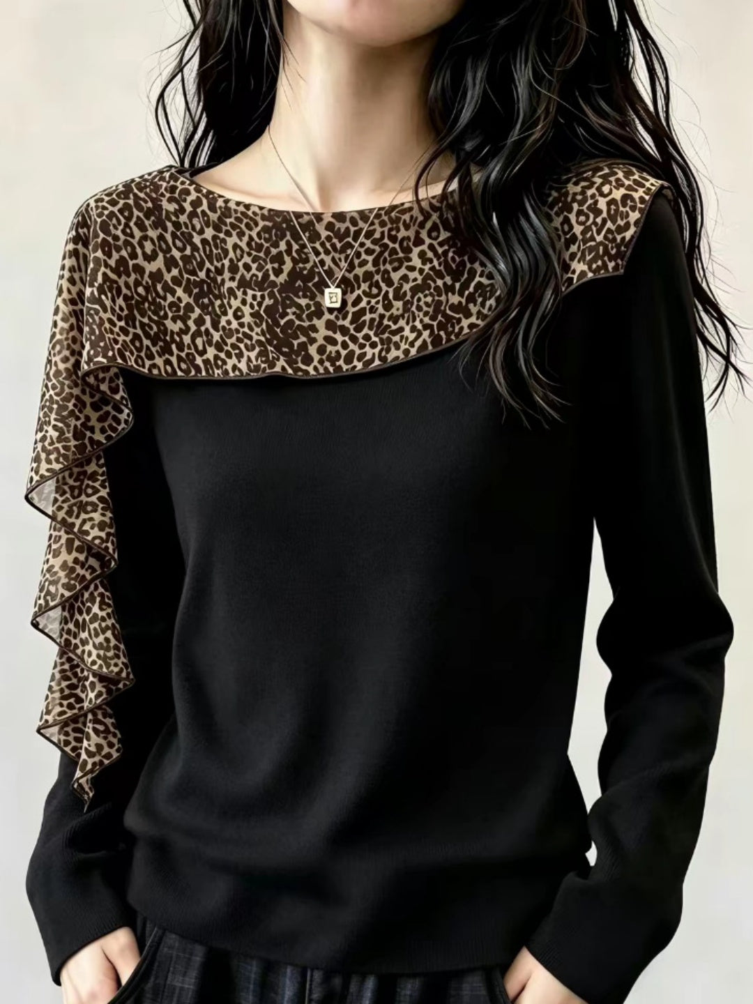 Leopard-print Panelled Crew-neck Knit Top