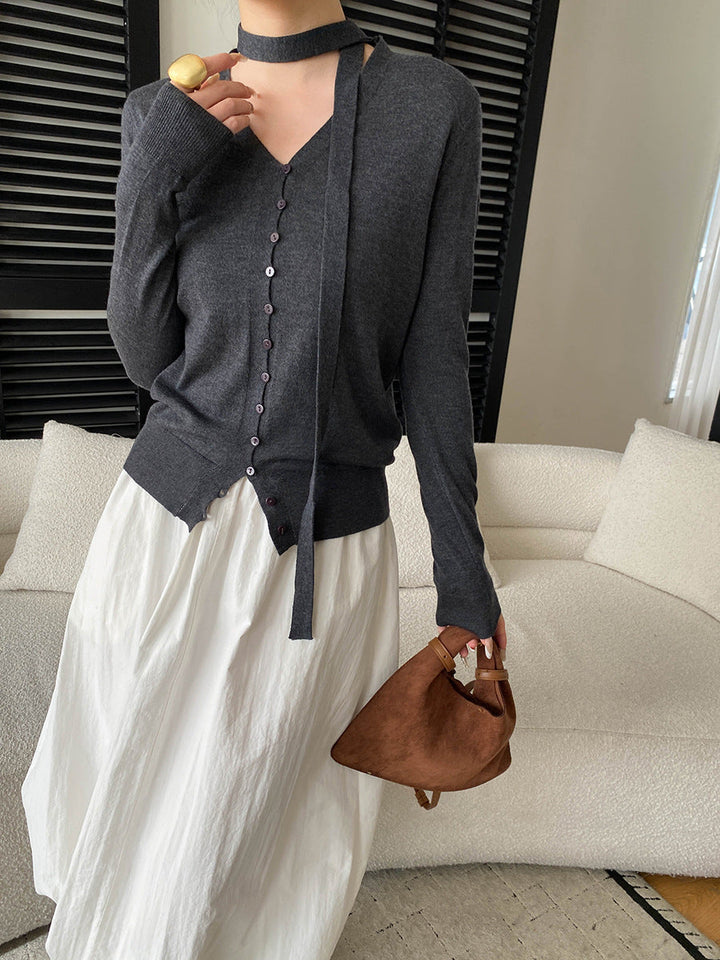 Grace Daily V-neck Ribbon Knitted Cardigan