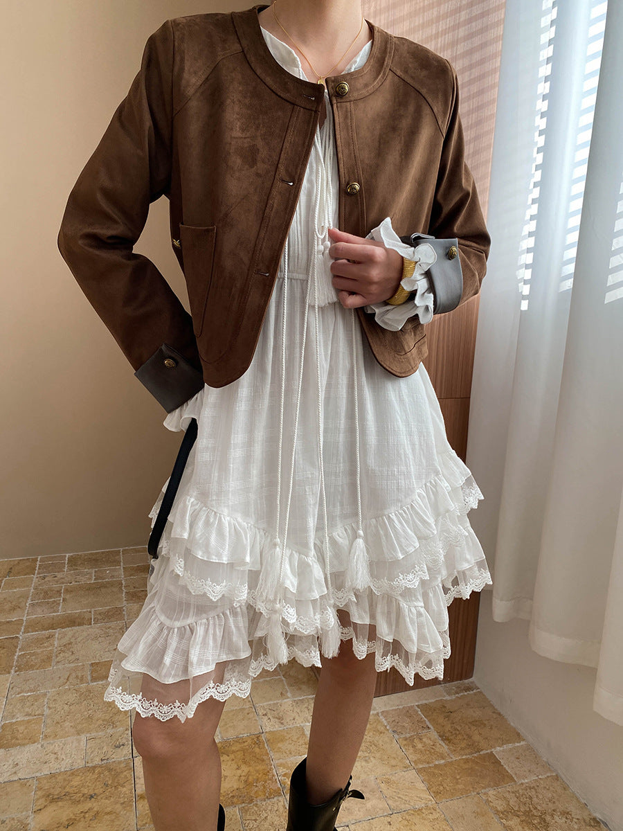 Olivia Crew Neck Solid Color Tie Patchwork Irregular Dress