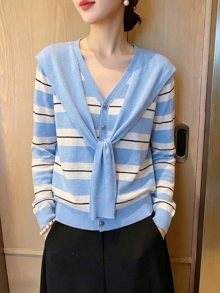 Blue Striped Knitted Shawl-style Top