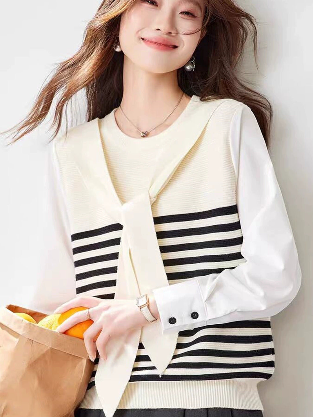 Faux Two-piece Striped  Cardigan