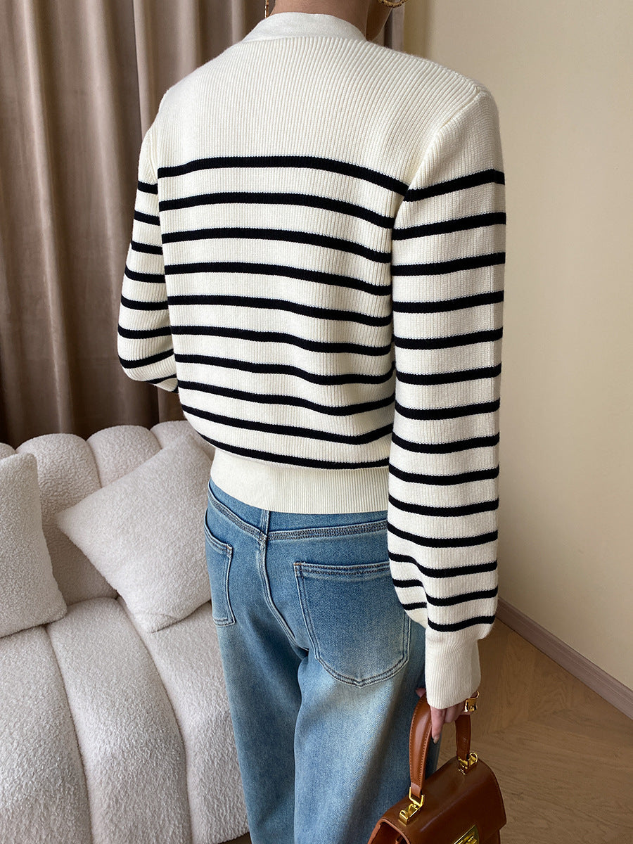 Hannah Casual V-Neck Color-Blocked Striped Knitted Cardigan