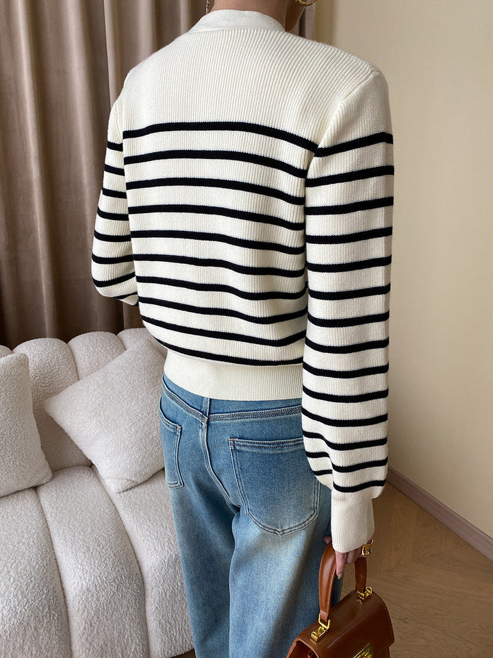 Hannah Casual V-Neck Color-Blocked Striped Knitted Cardigan