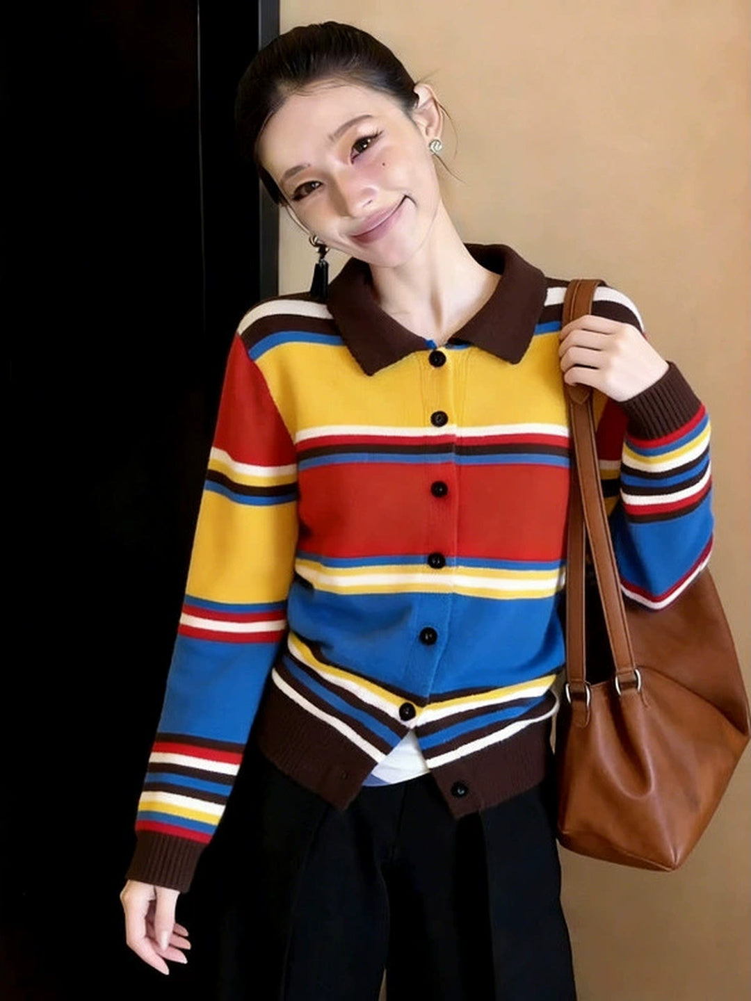 Color-blocked Striped Polo Collar Sweater