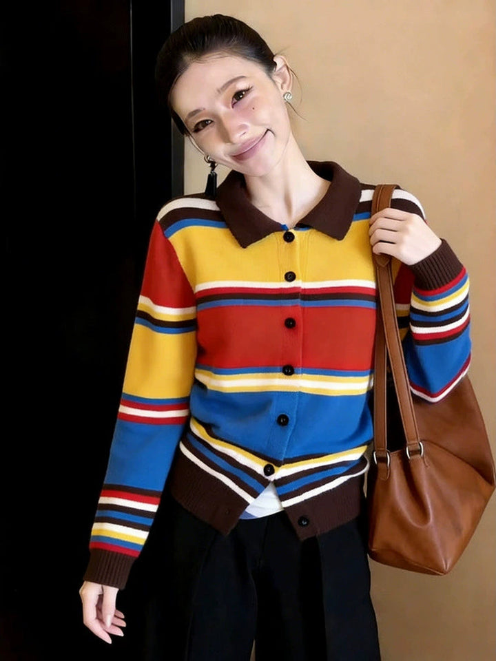 Color-blocked Striped Polo Collar Sweater