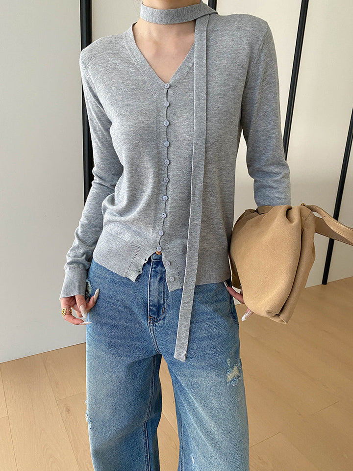 Grace Daily V-neck Ribbon Knitted Cardigan