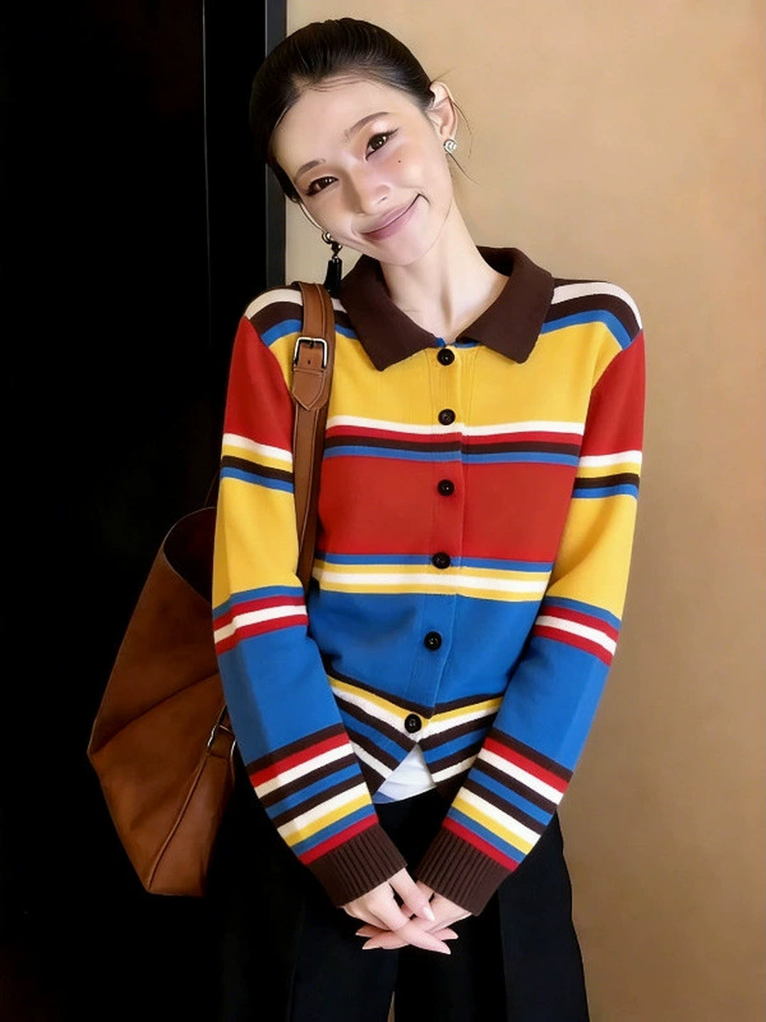 Color-blocked Striped Polo Collar Sweater