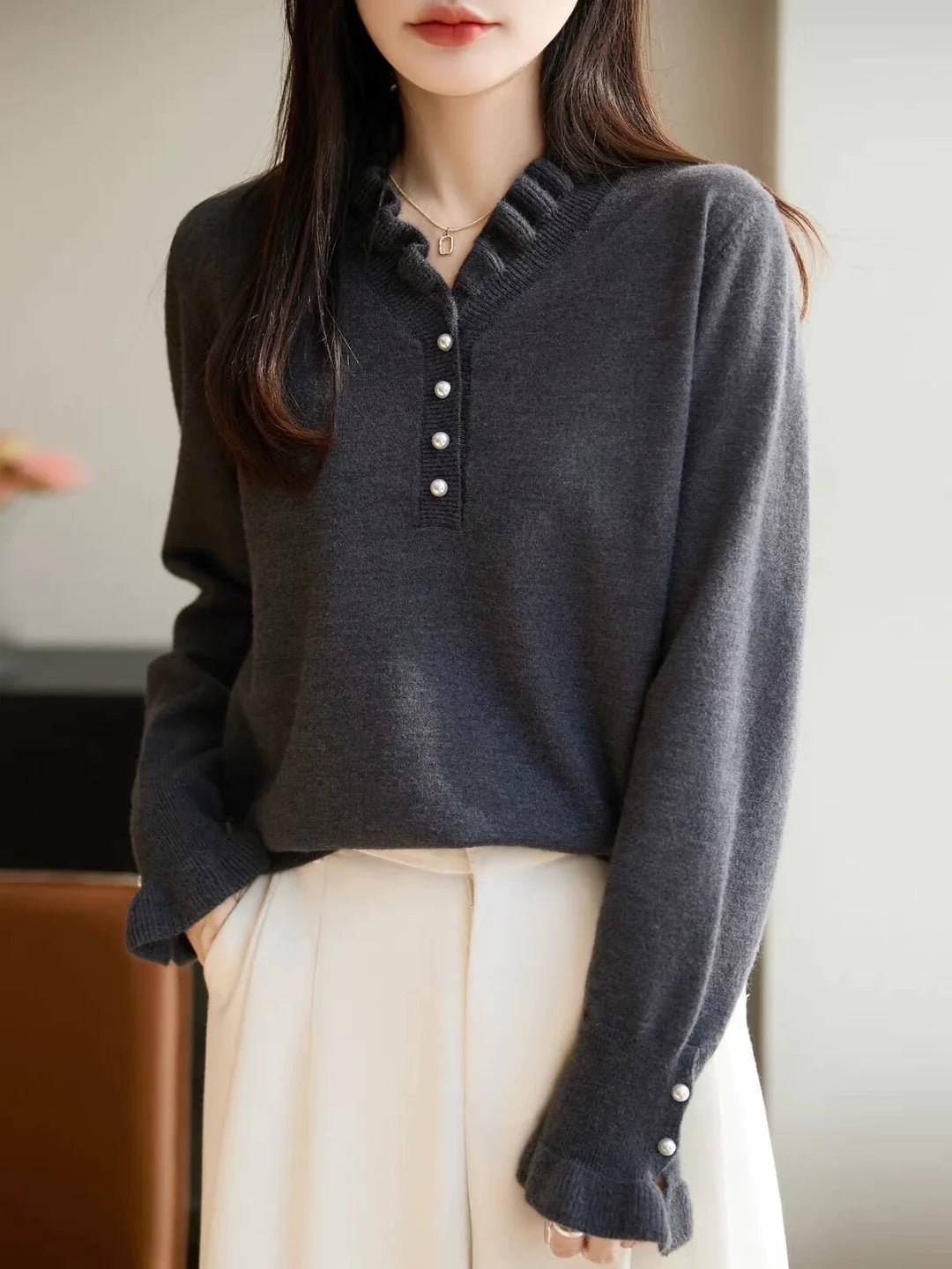 V-neck Beaded Knit Base Layer Top