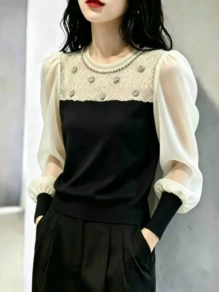 Mesh Puff-sleeve T-shirt