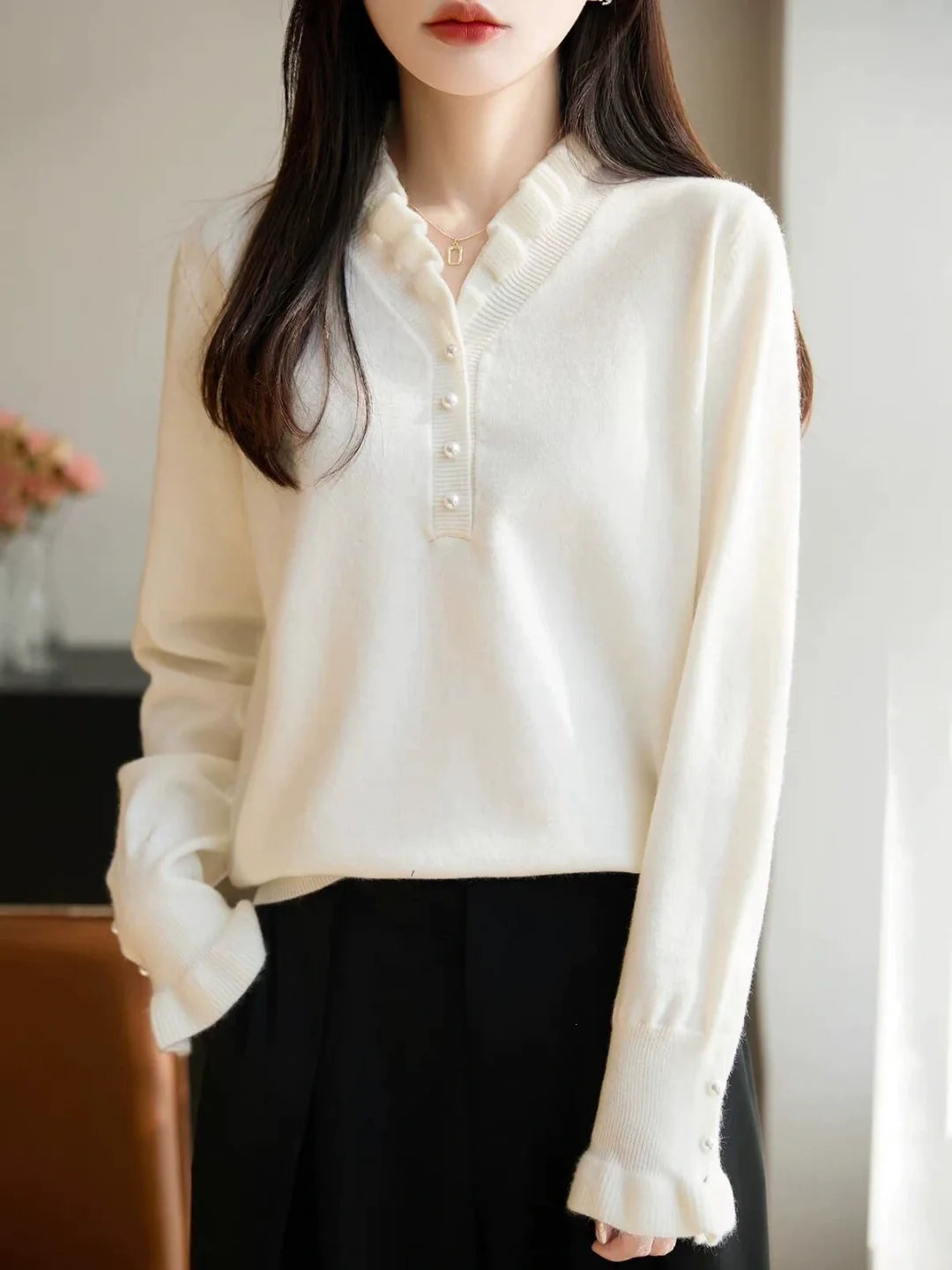 V-neck Beaded Knit Base Layer Top