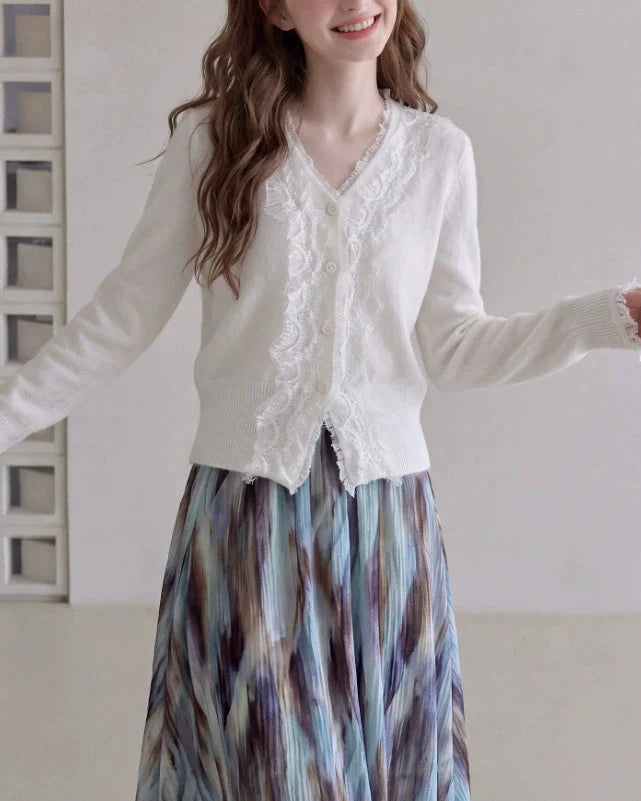 V-neck Lace-trimmed Knit Cardigan