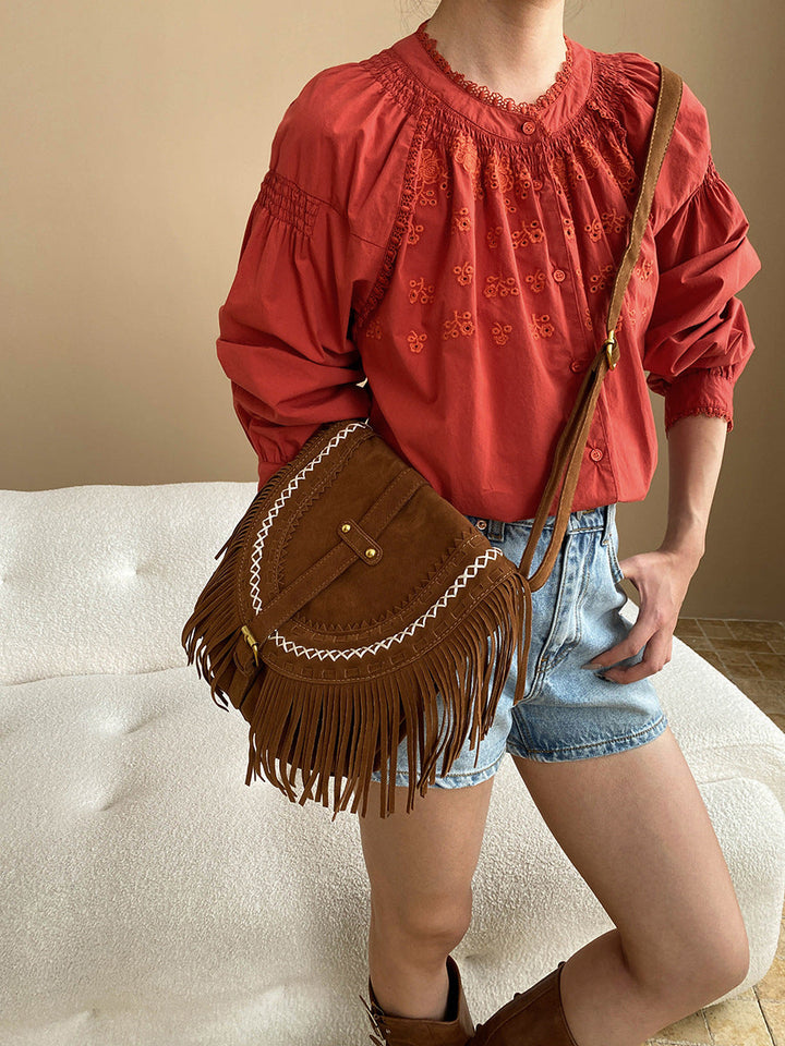 Ashley Retro Crew Neck Hollowed Embroidered Blouse