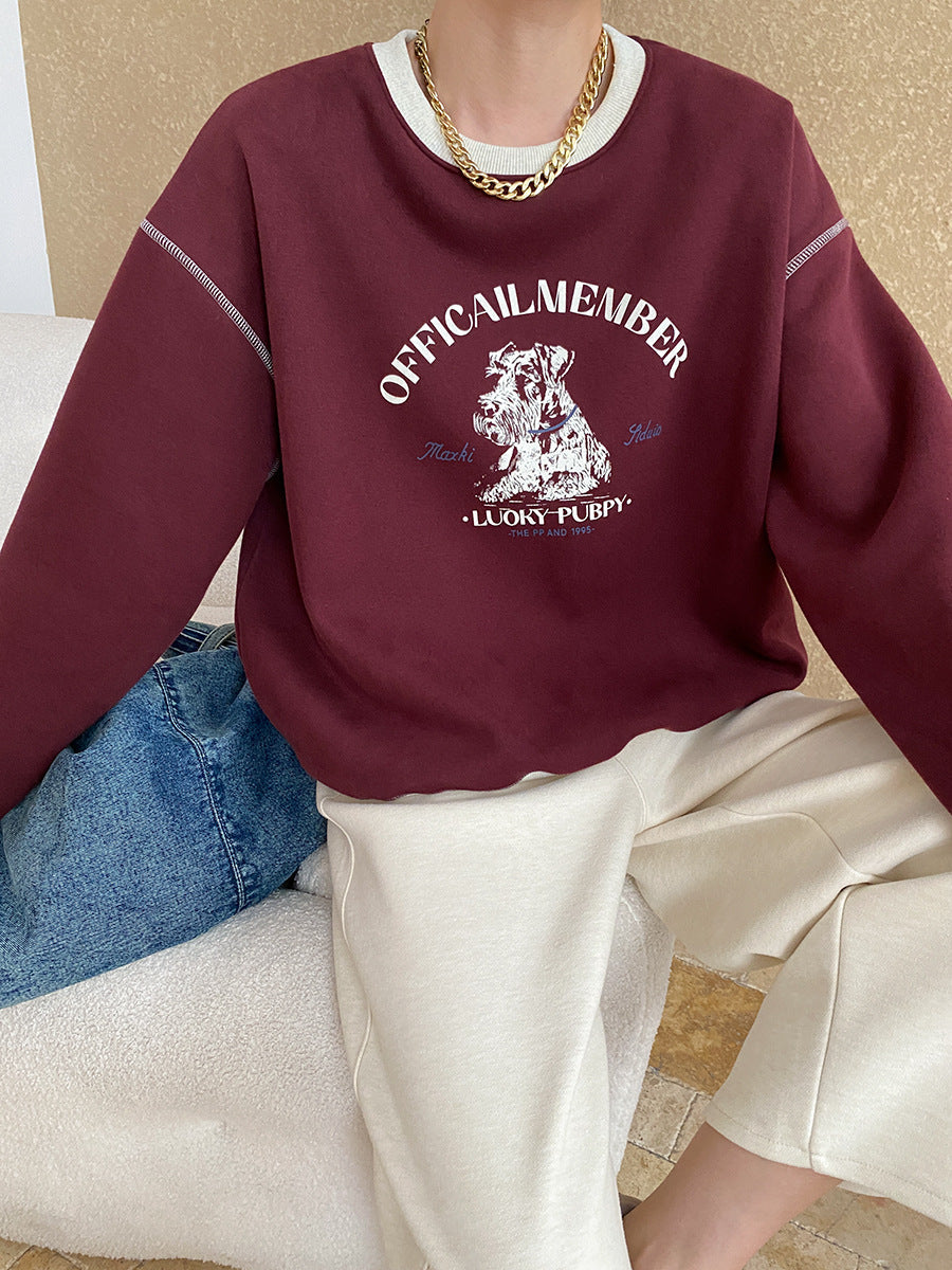 Olivia Loose Crew Neck Printed Fleece Sweatshirt