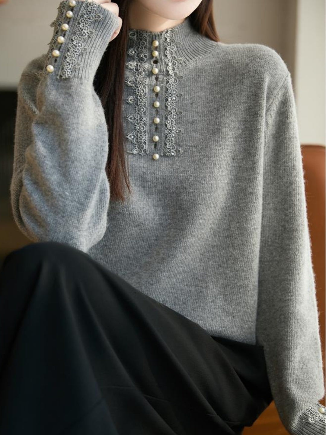 Mock-neck Lace And Pearl Knit Top