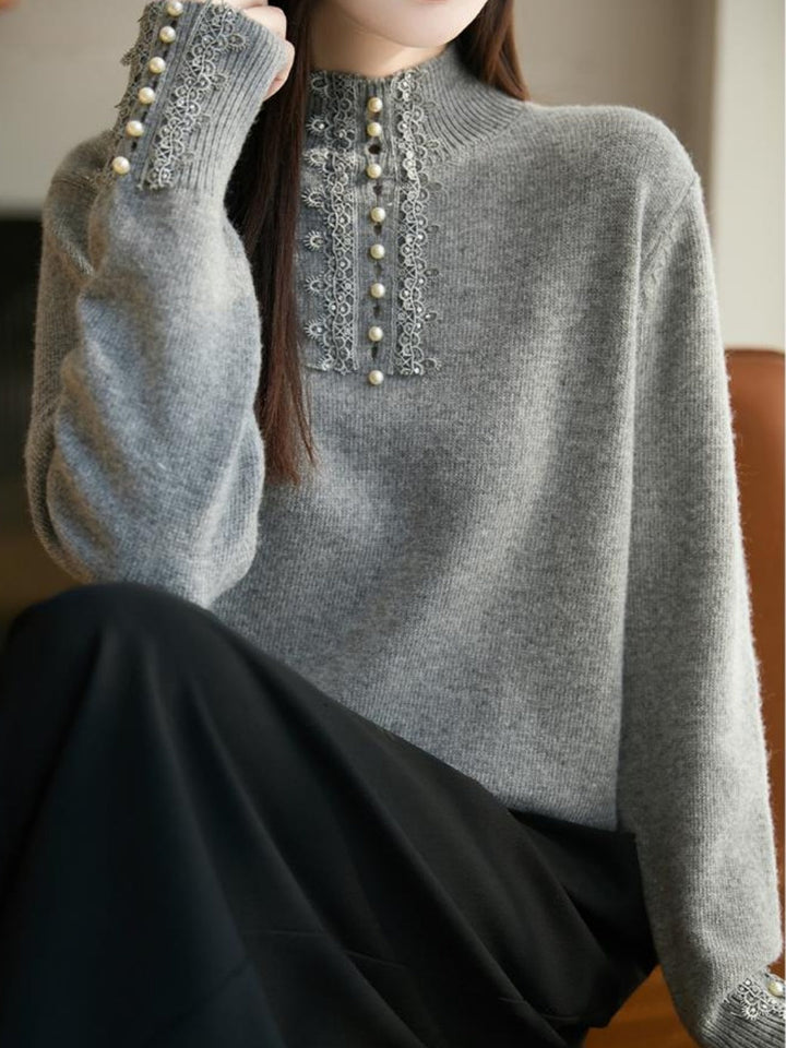 Mock-neck Lace And Pearl Knit Top