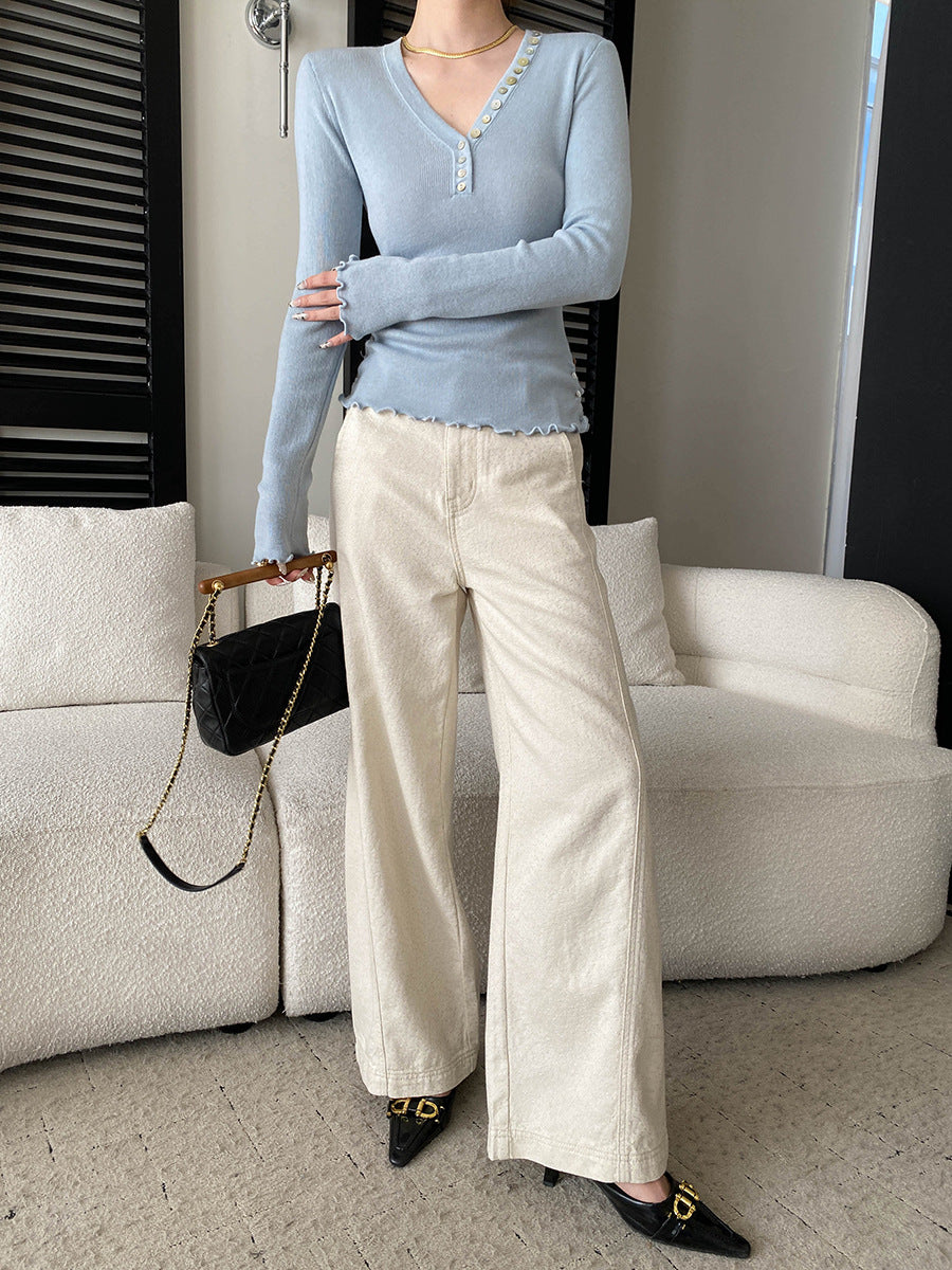 Molly Slim V-Neck Auricular Knitted Top
