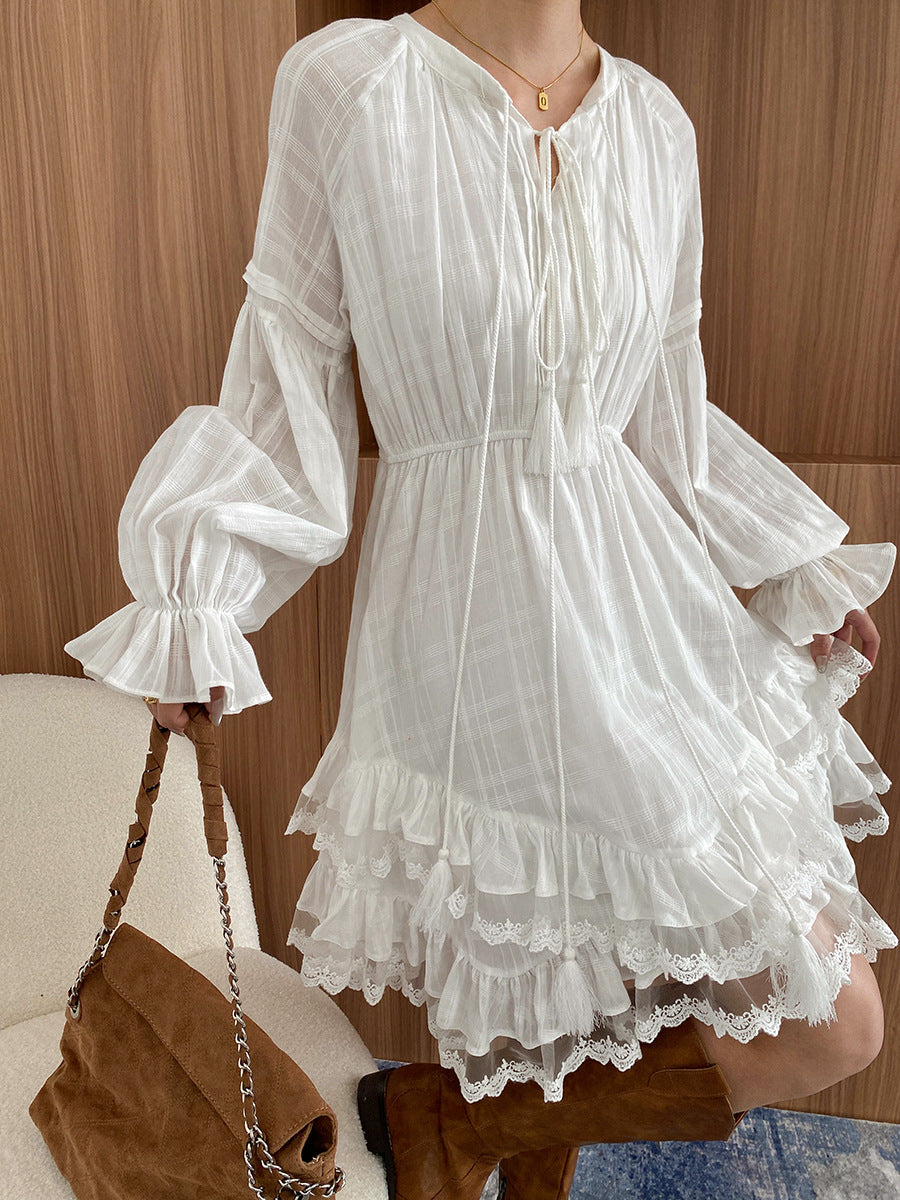 Olivia Crew Neck Solid Color Tie Patchwork Irregular Dress