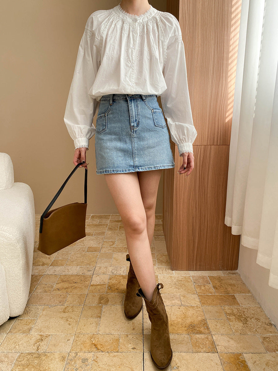 Ashley Retro Crew Neck Hollowed Embroidered Blouse