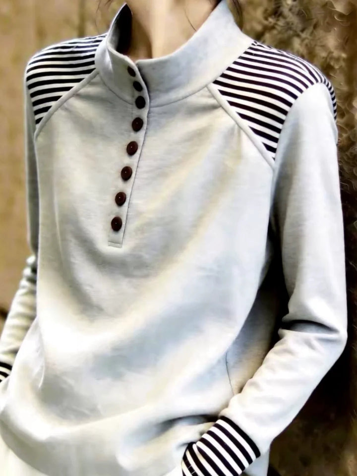 Grey Striped Panelled Stand-collar Top