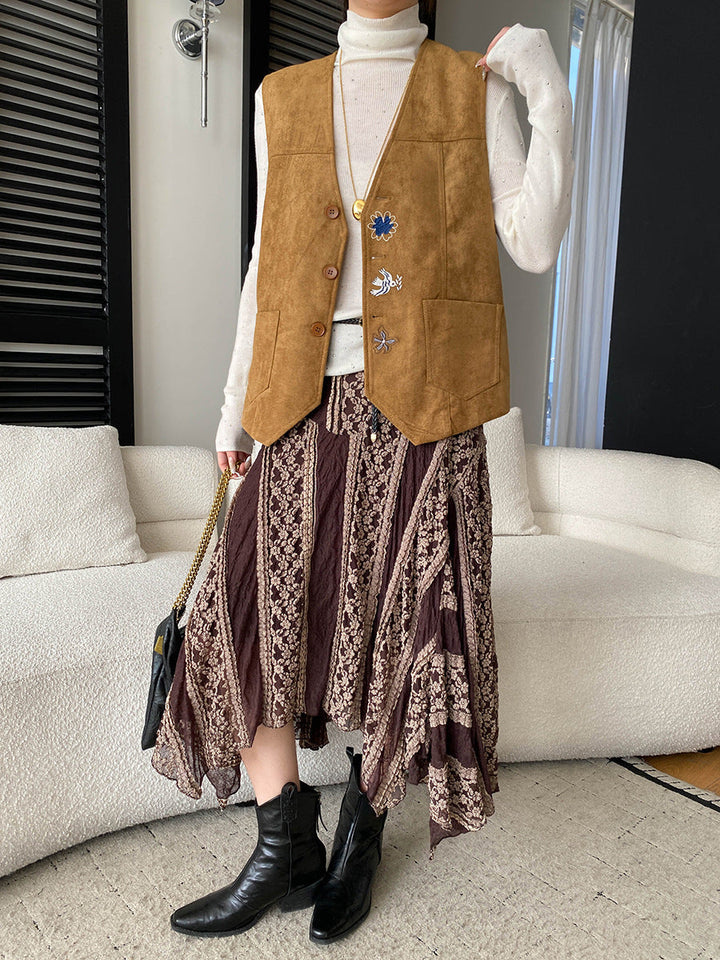 Abigail High-Waisted Irregular Lace Patchwork A-Line Skirt