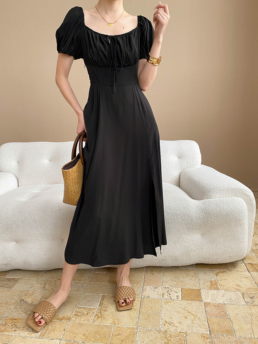 Elva Vacation Square Neck Pleated Slit Dress