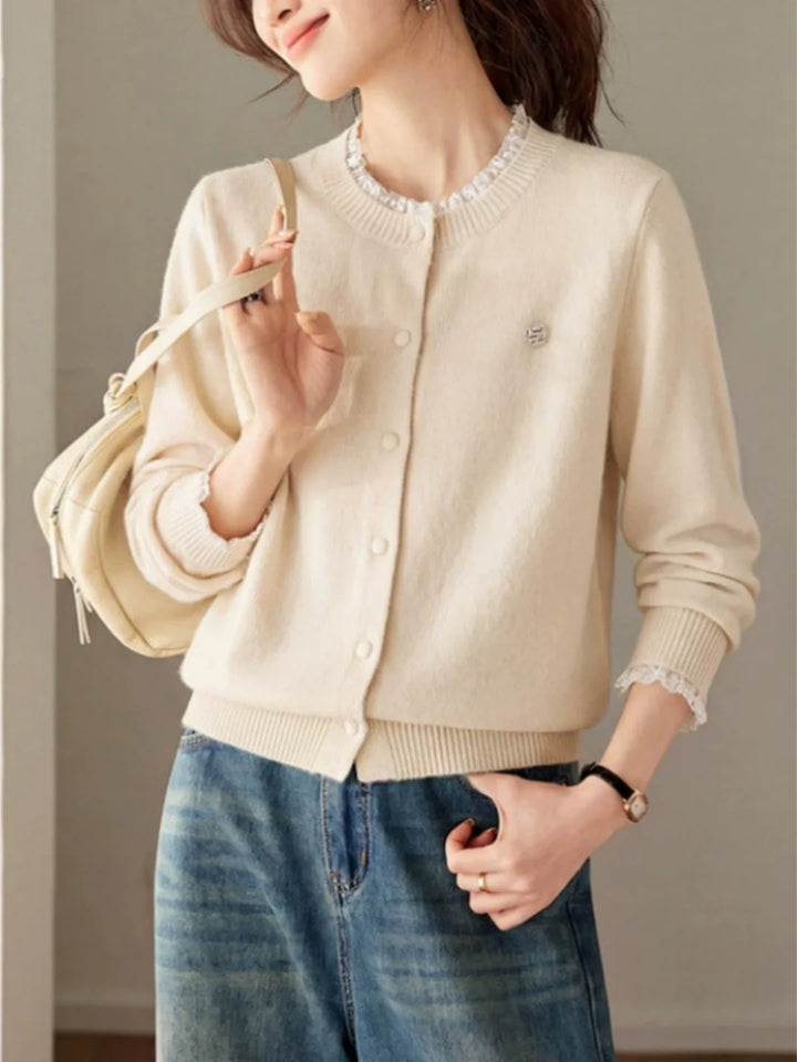 Loose-fit Lace-trim Knit Cardigan