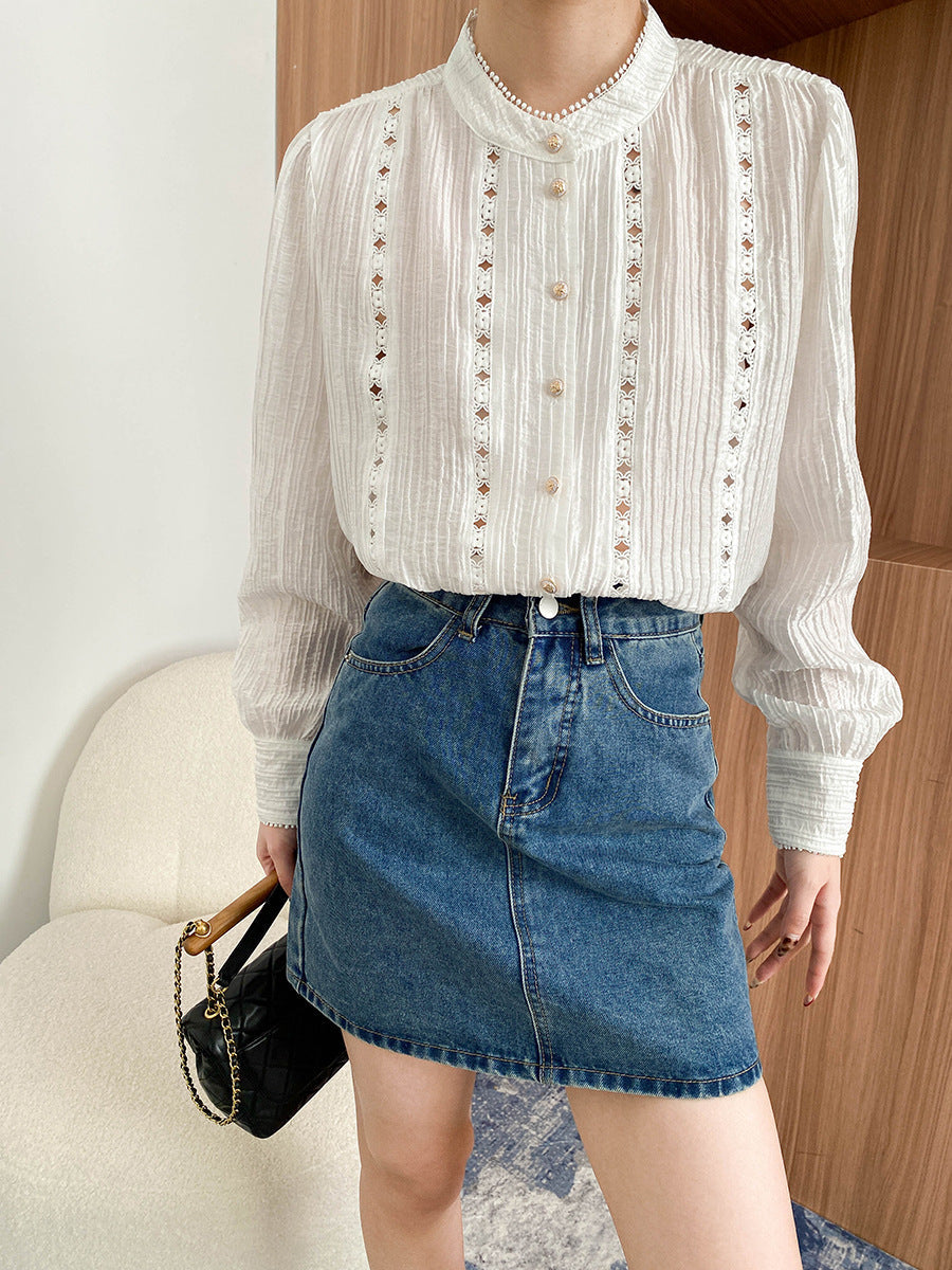 Sophia Retro Lantern Sleeve Hollowed Embroidered Top