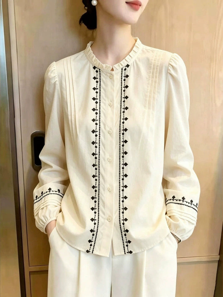 Retro Embroidered Lantern Sleeve Shirt