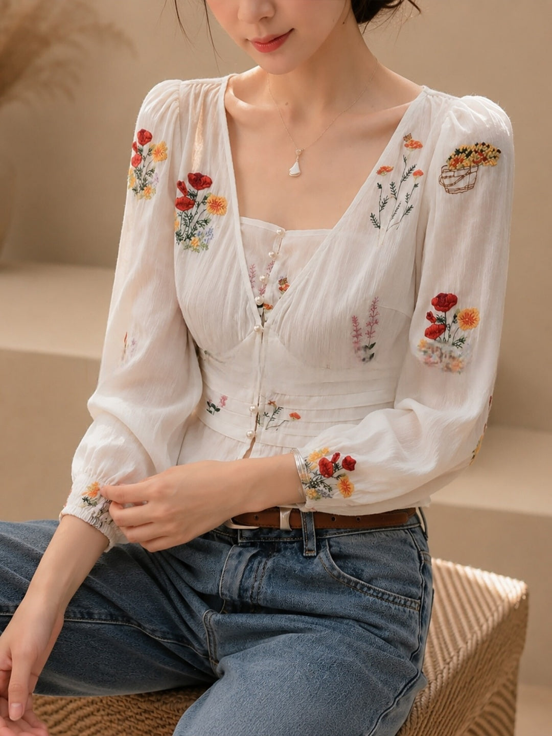 V-neck  Fitted Waist Shirt