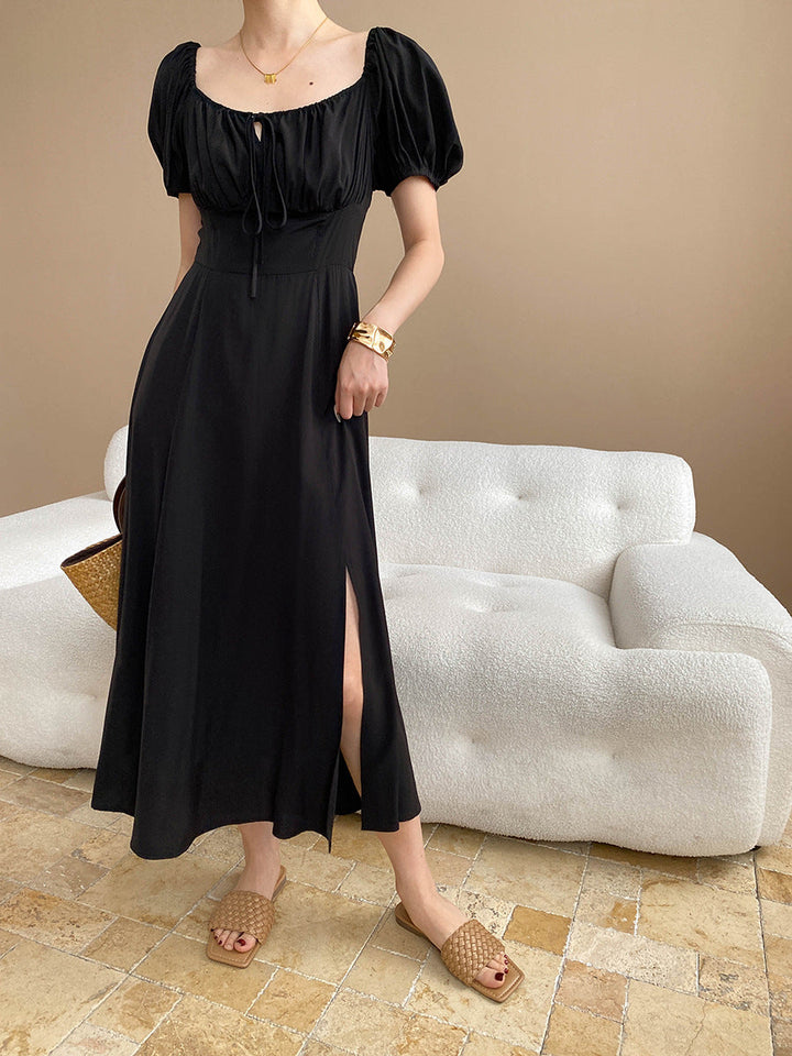Elva Vacation Square Neck Pleated Slit Dress