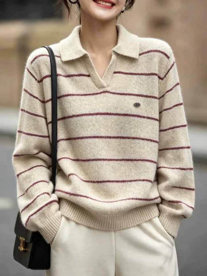 Polo Collar Striped Knit Sweater