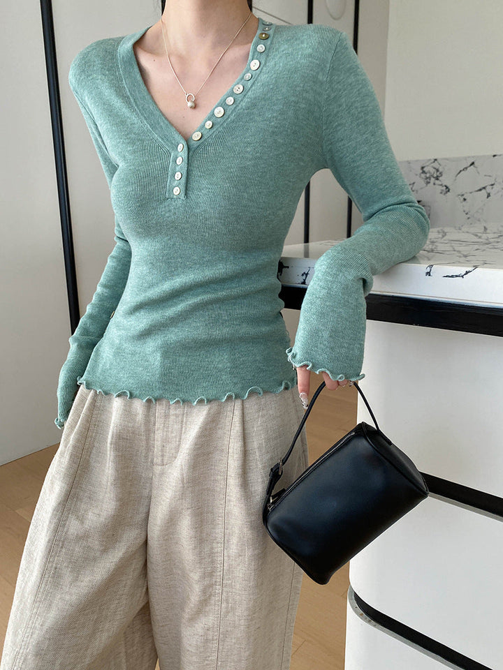 Molly Slim V-Neck Auricular Knitted Top