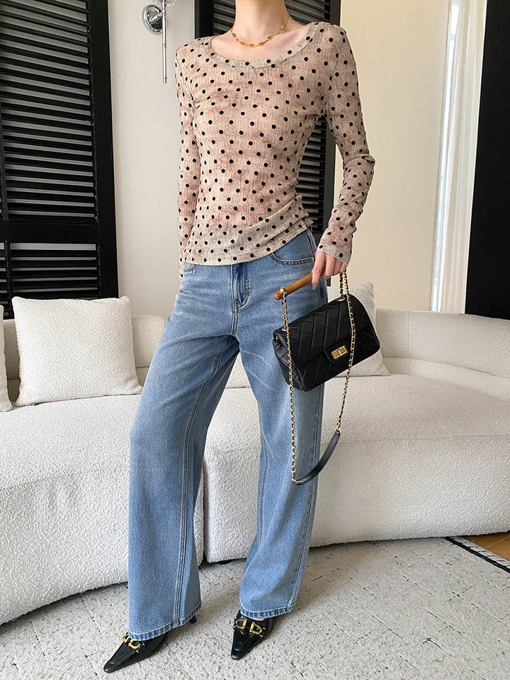Emma Daily Crew Neck Slim Polka Dot Blouse