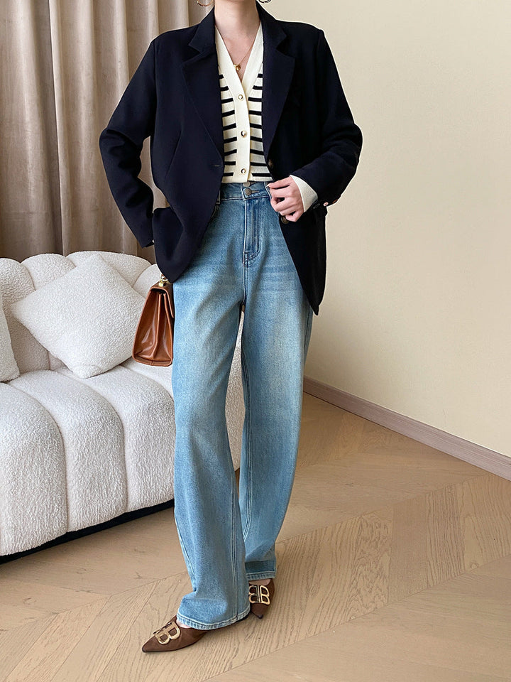 Hannah Casual V-Neck Color-Blocked Striped Knitted Cardigan