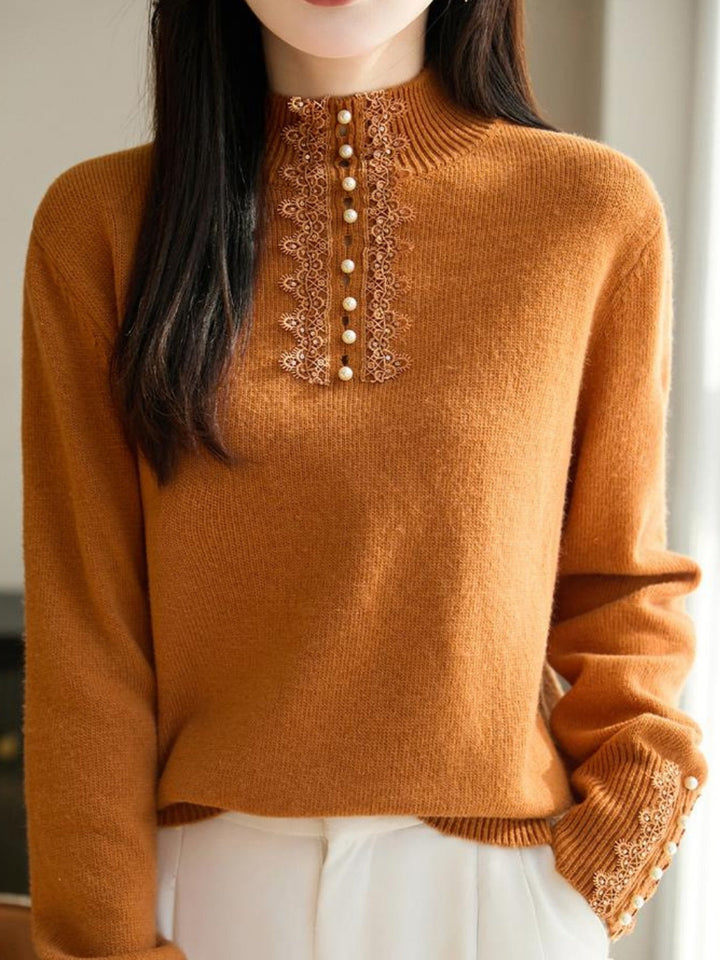 Mock-neck Lace And Pearl Knit Top