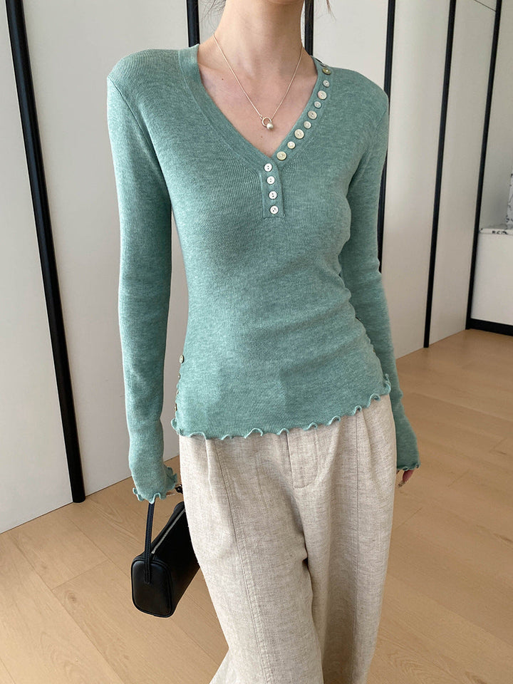 Molly Slim V-Neck Auricular Knitted Top