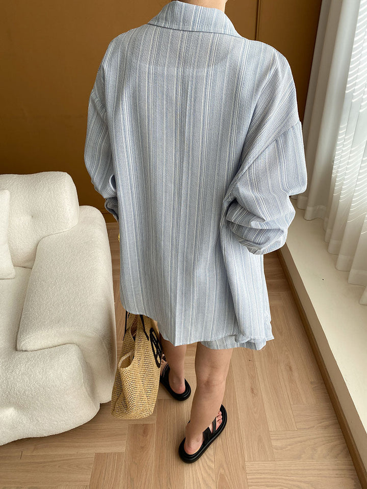 Mariah Casual Lapel Textured Striped Shirt And Shorts Set