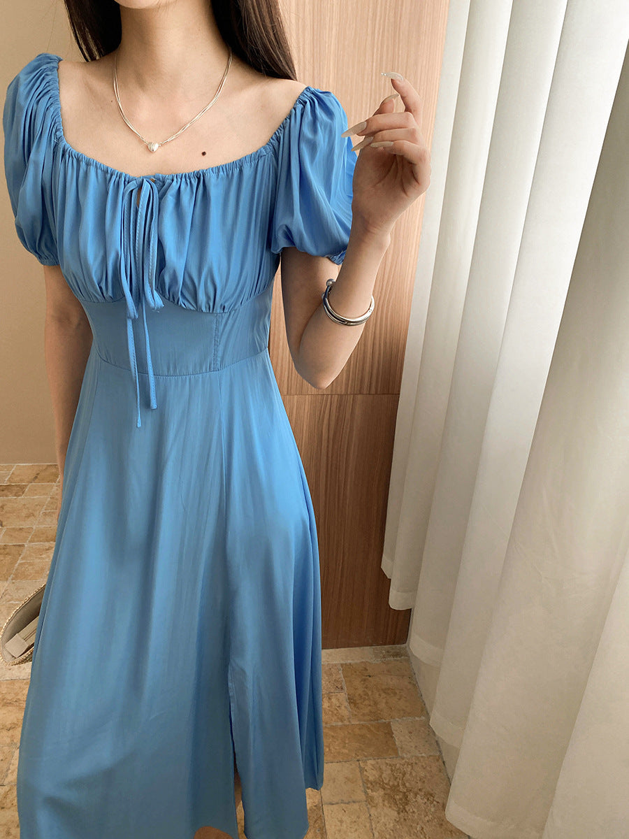 Elva Vacation Square Neck Pleated Slit Dress