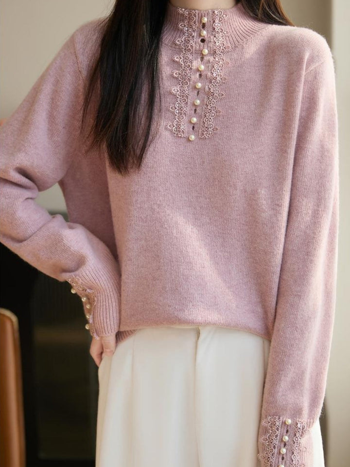 Mock-neck Lace And Pearl Knit Top