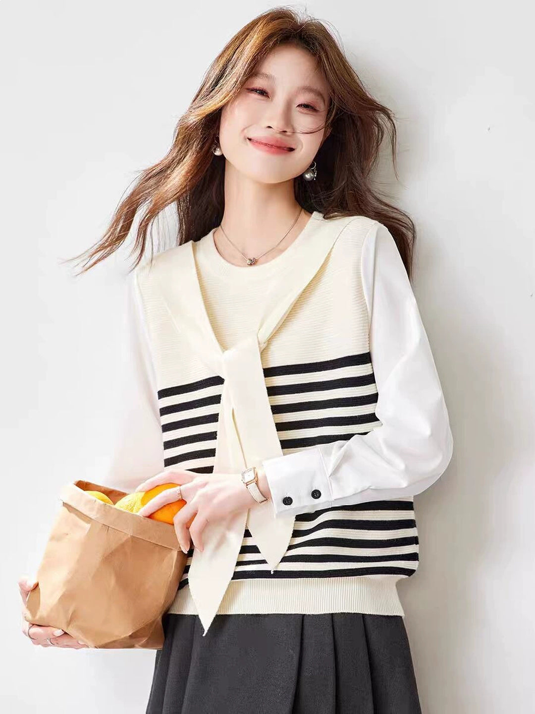 Faux Two-piece Striped  Cardigan