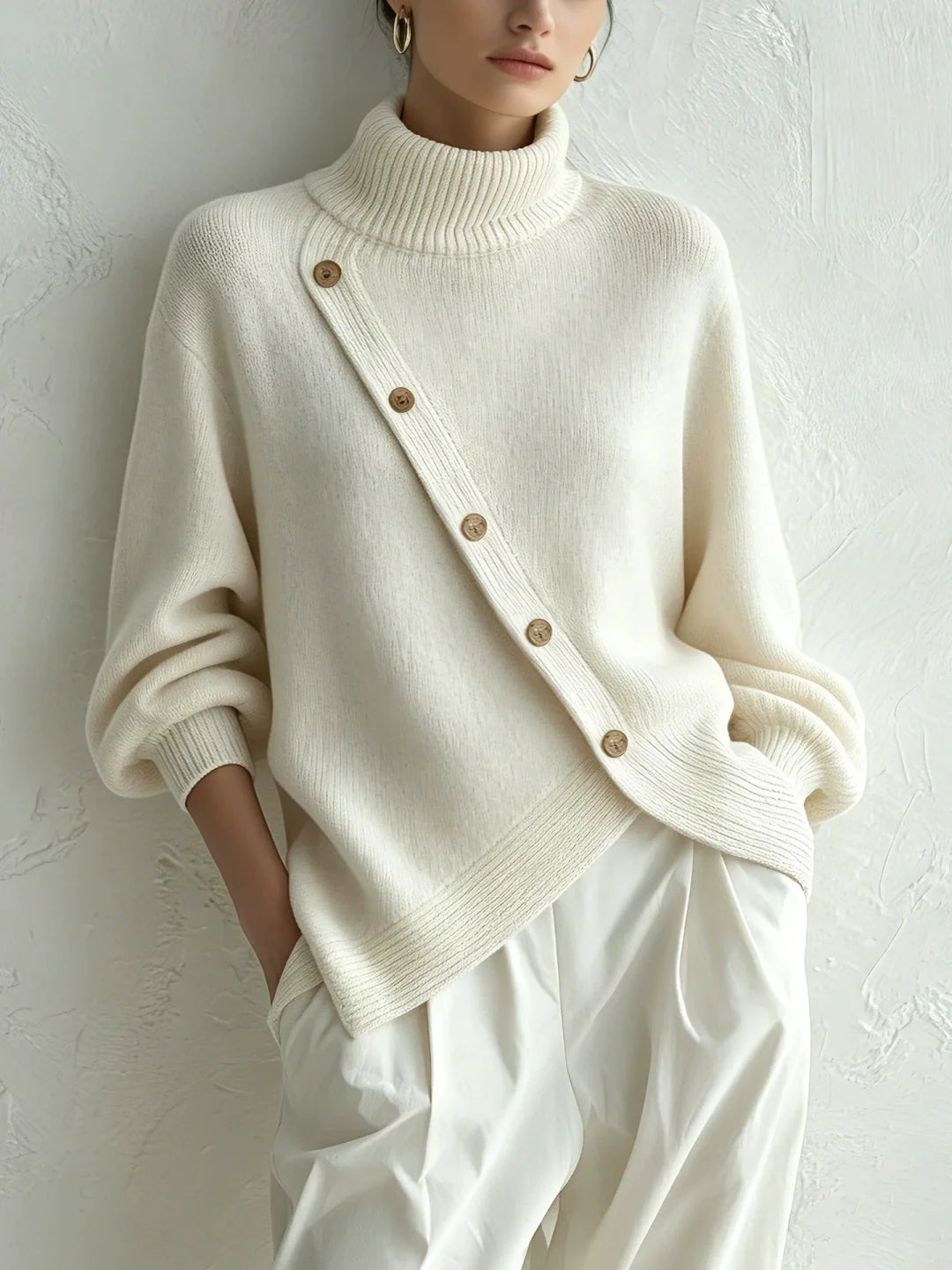 New High-neck Button-detail Sweater
