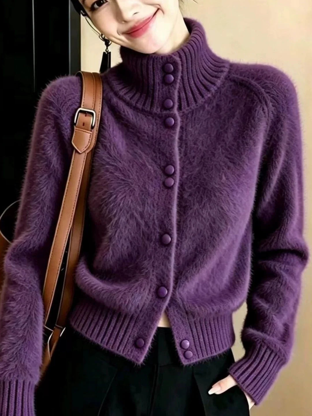 High-neck Long-sleeved Knit Cardigan