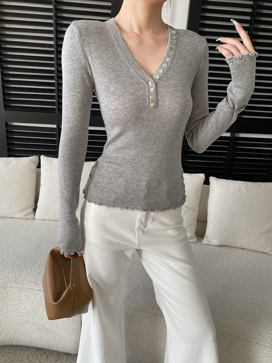 Molly Slim V-Neck Auricular Knitted Top