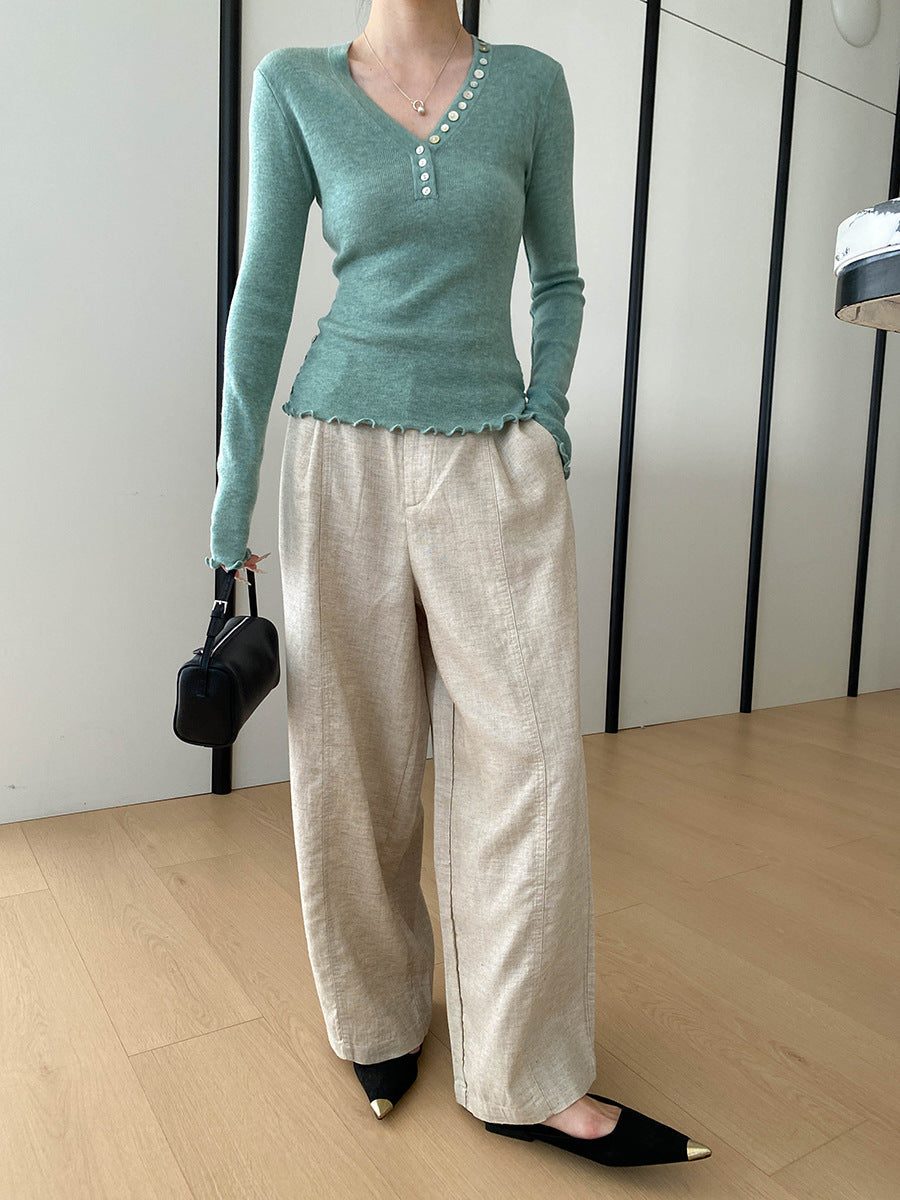 Molly Slim V-Neck Auricular Knitted Top