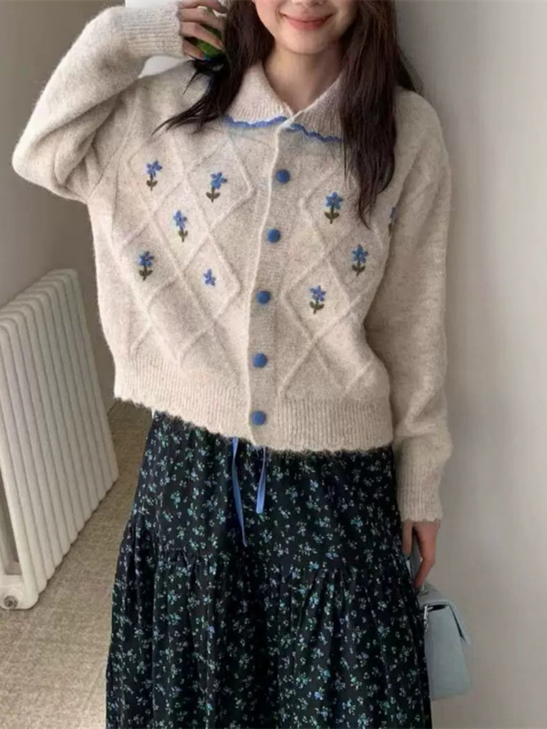 Embroidered Floral Collared Cardigan