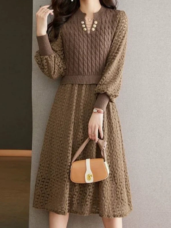 Faux-layered Spliced Knit Dress