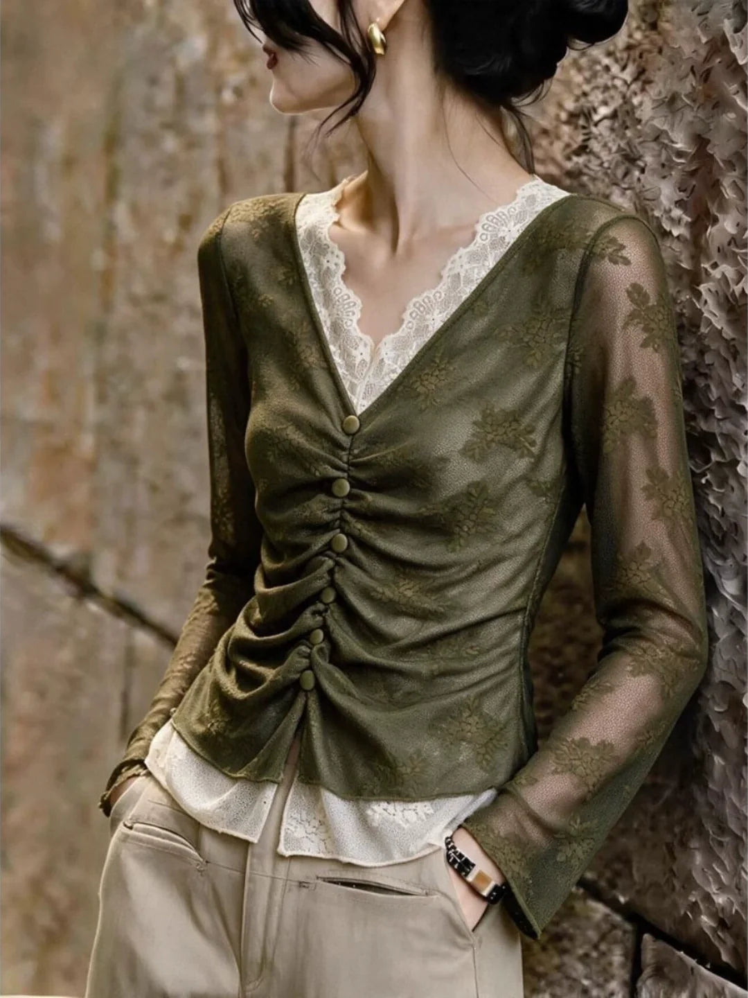 V-neck Lace-panel Top