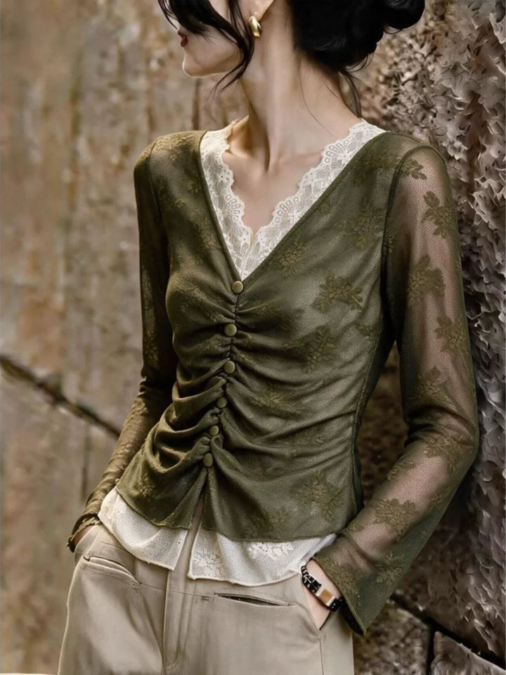 V-neck Lace-panel Top