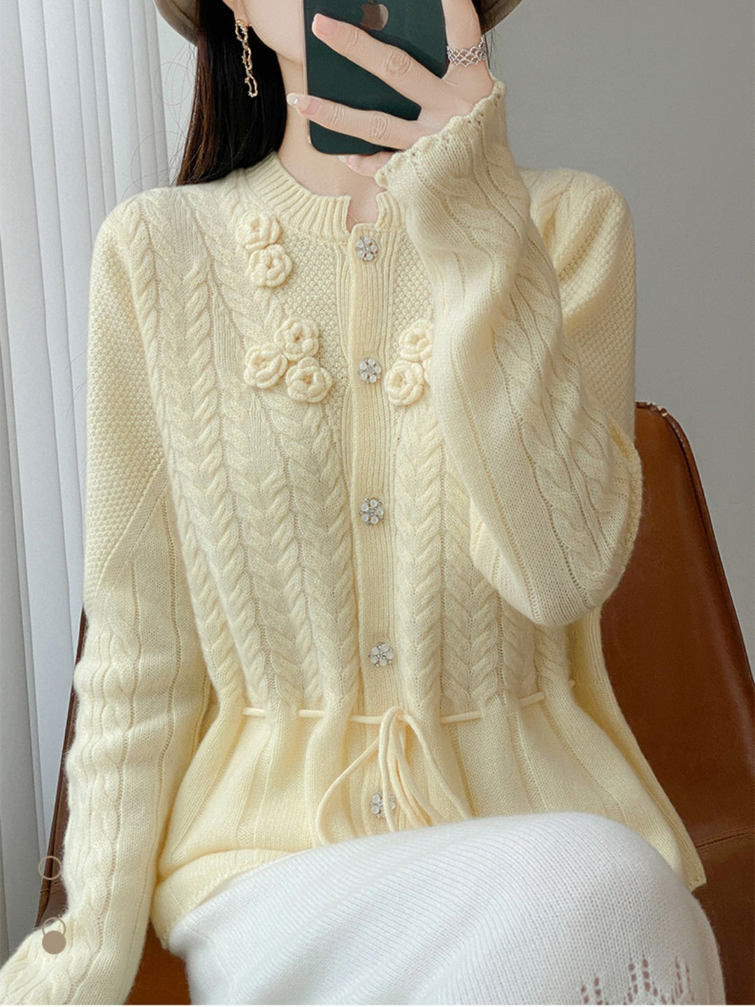 Crew-neck Tie-waist Knit Cardigan