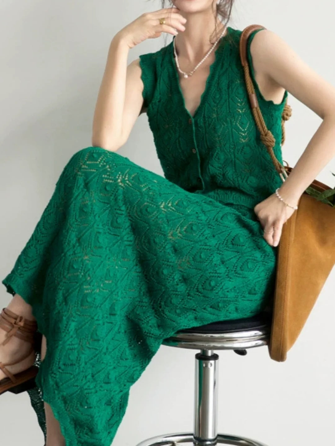 Hollow-out V-neck Knitted Maxi Dress Set